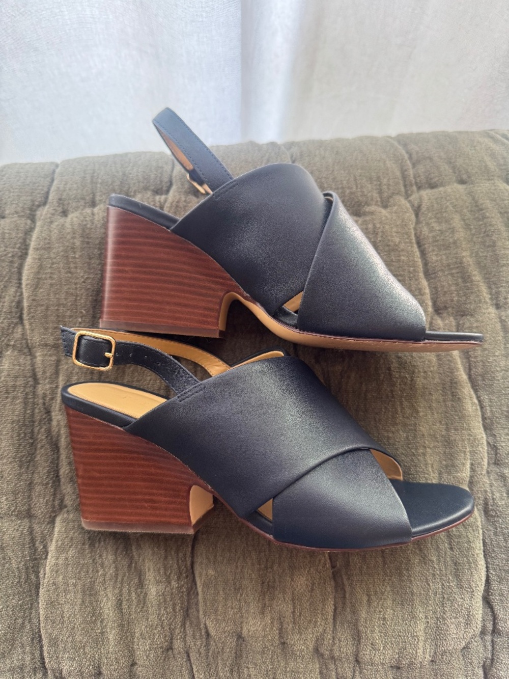 Talbots Navy Blue Leather Cross Strap Block Heel Slingback Sandals 8M
